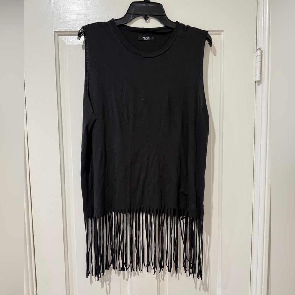 Michael Lauren black cropped long fringe sleeveless shirt top